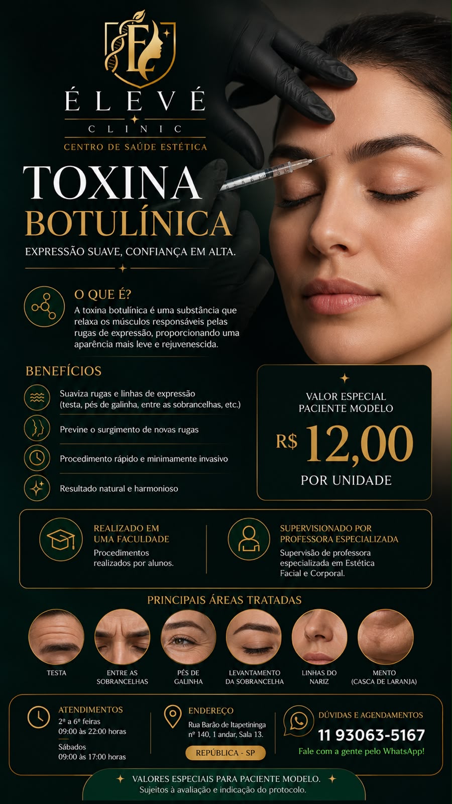 Tabela de valores para paciente-modelo de toxina botulínica na ÉLEVÉ Clinic